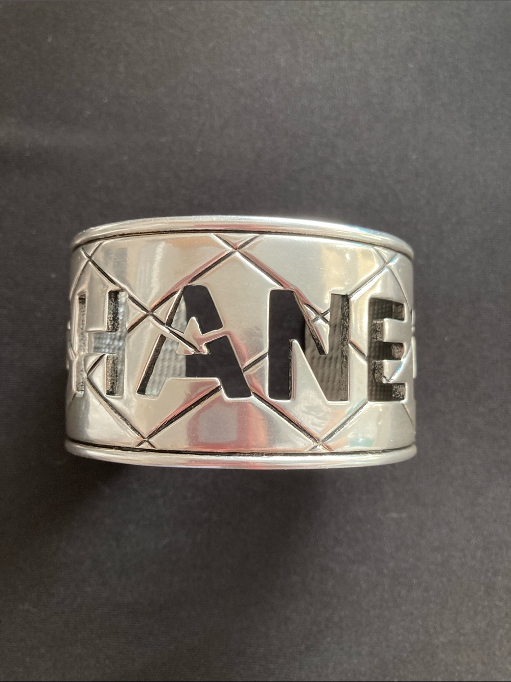 CHANEL Silver Quilted Cutout Logo Cuff